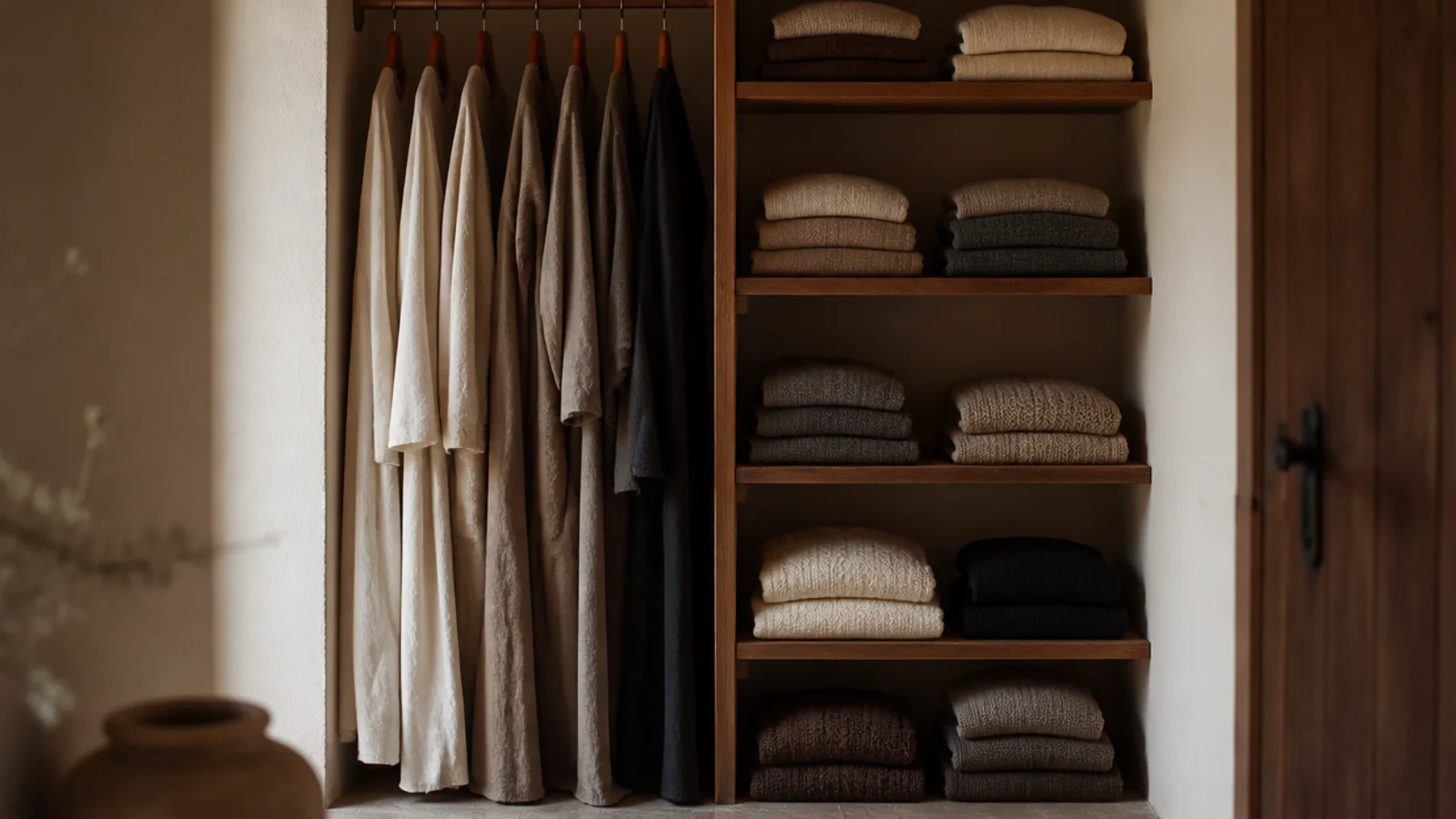 one narrow closet bay of long dresses beside stacked folded shelving
