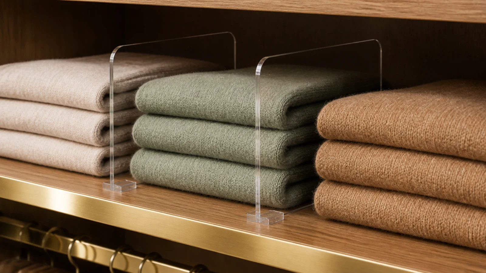 acrylic shelf dividers separating folded sweater stacks on an oak shelf