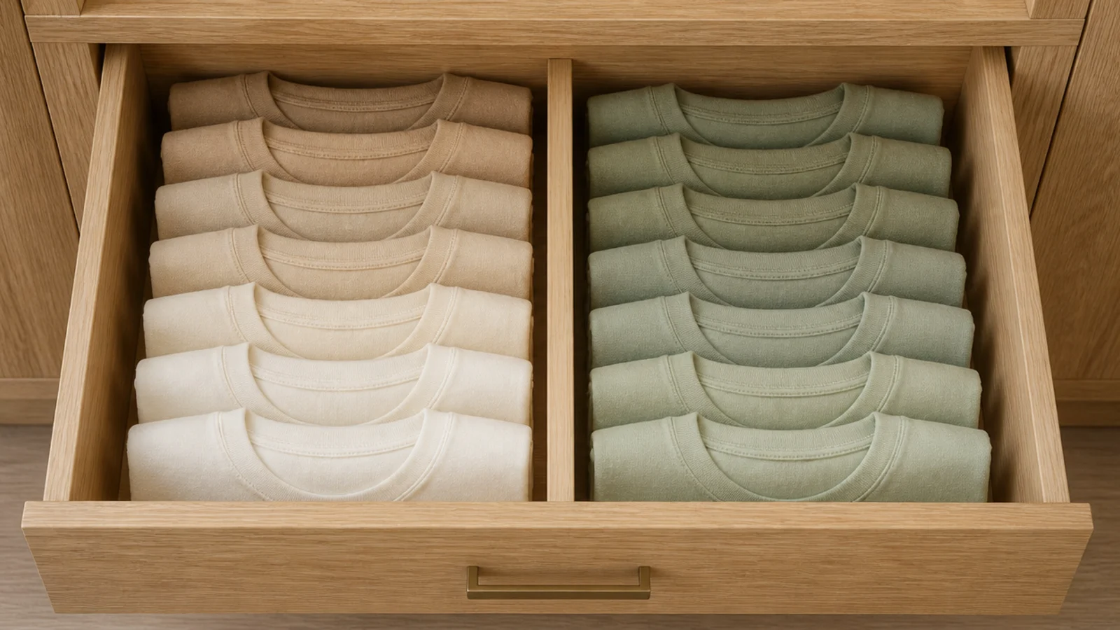 closet drawer of tee shirts filed on edge in neat rows