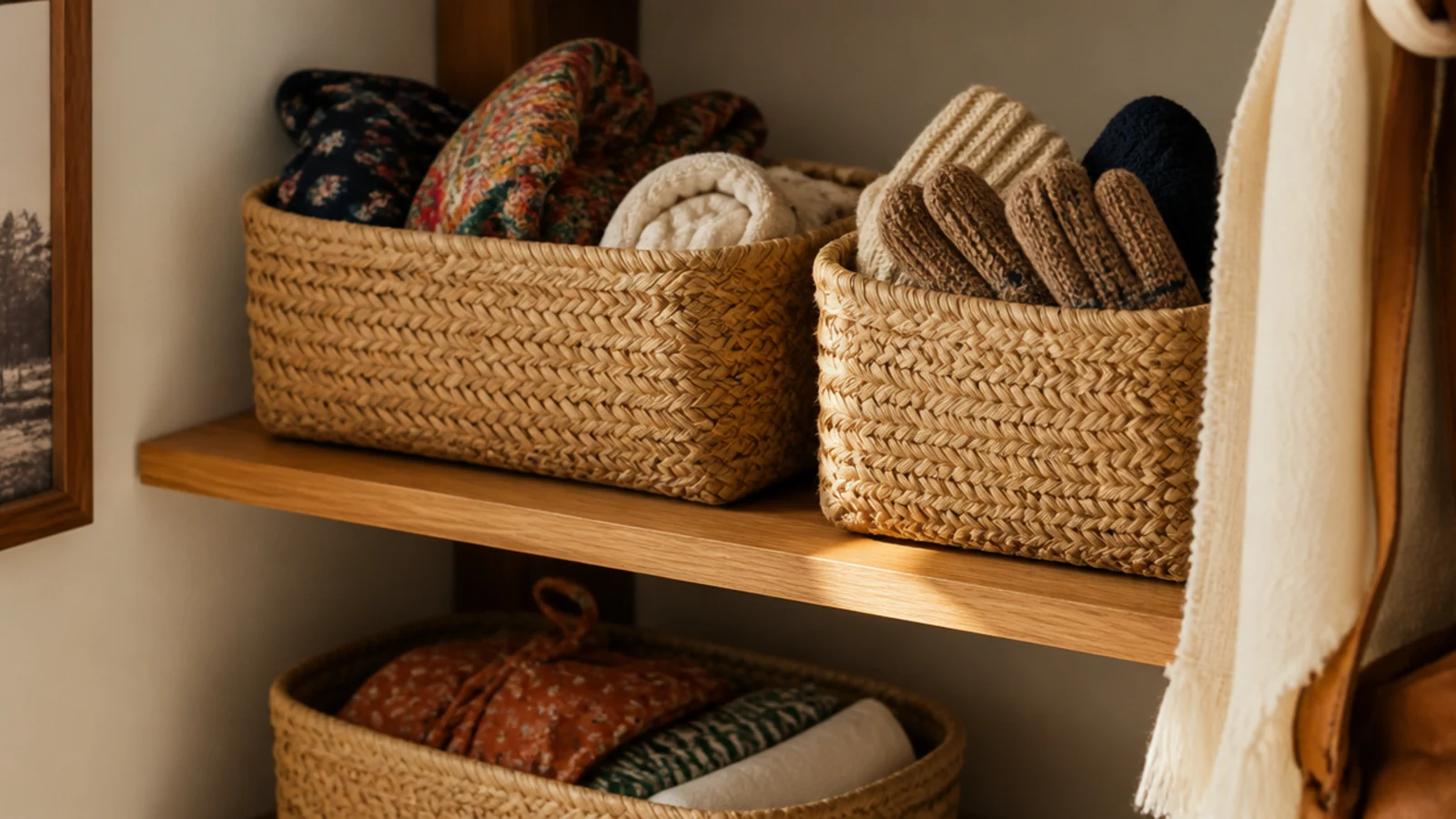 woven baskets on closet shelves holding scarves gloves and swimwear