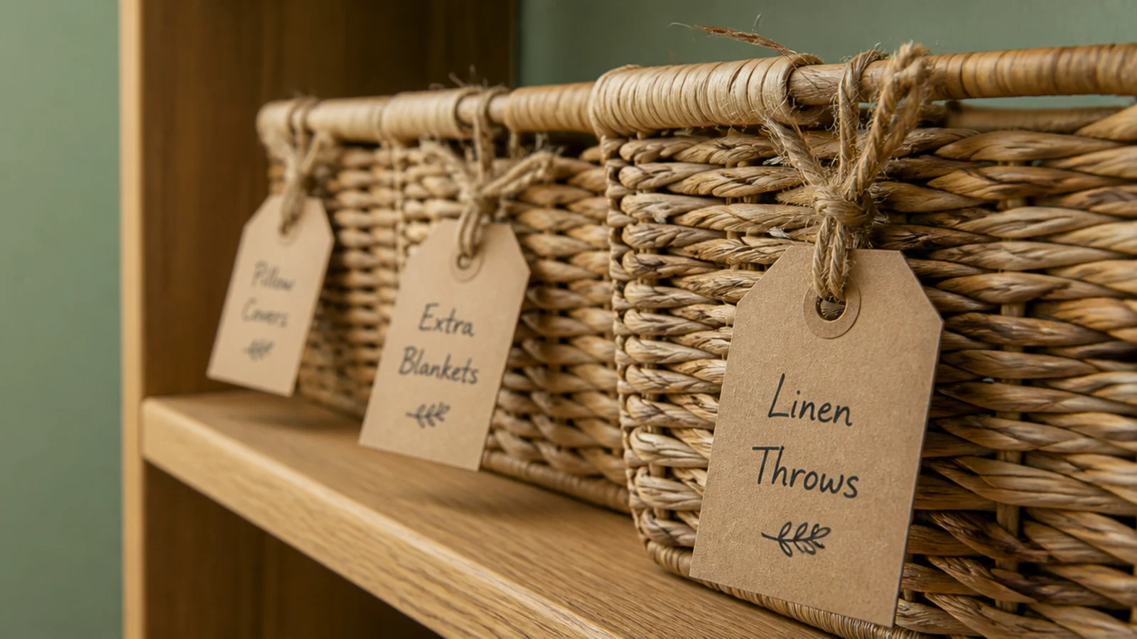 kraft labels tied to closet baskets and bins on wooden shelving