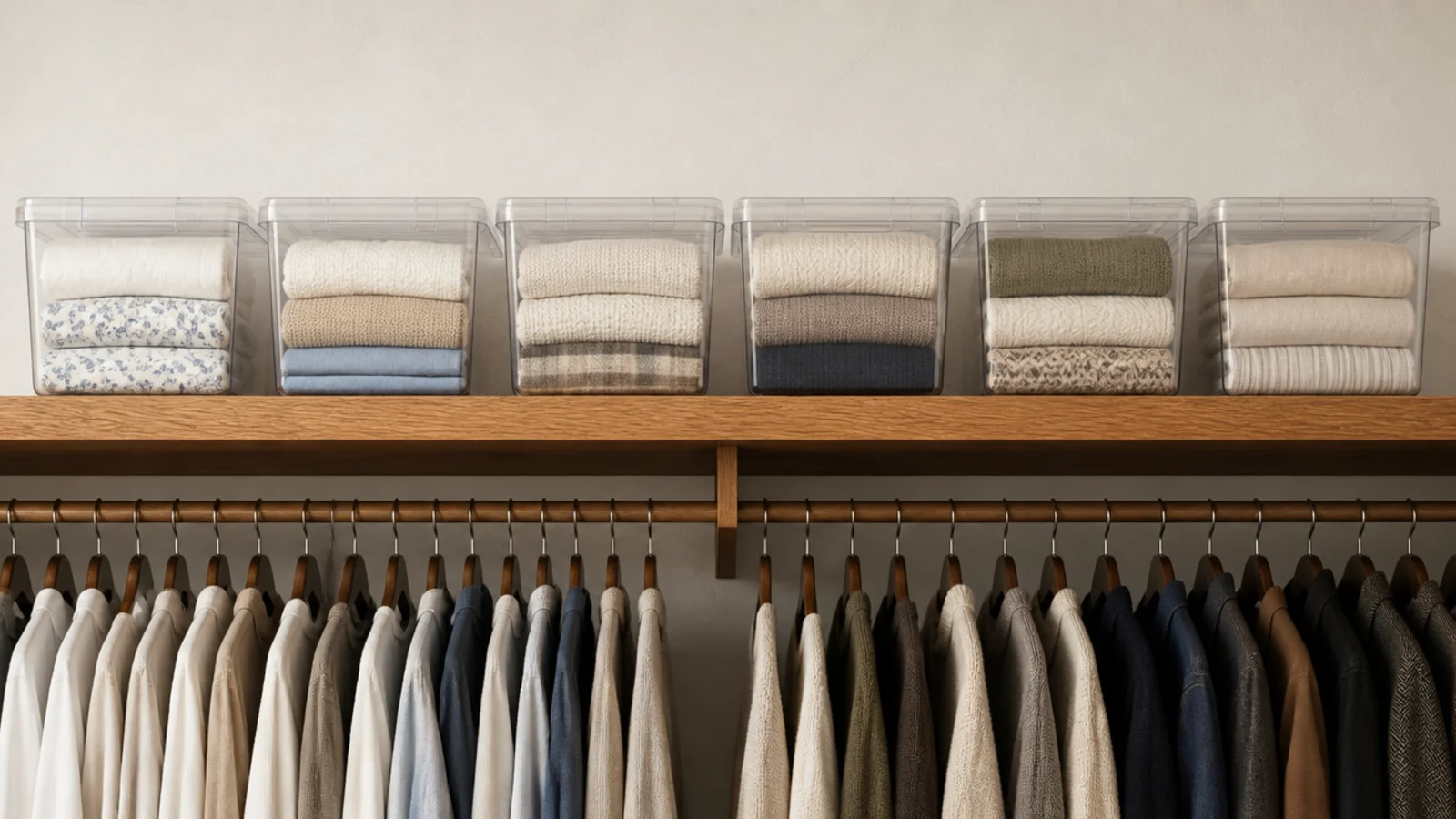clear lidded bins lined along a high closet shelf above hanging clothes