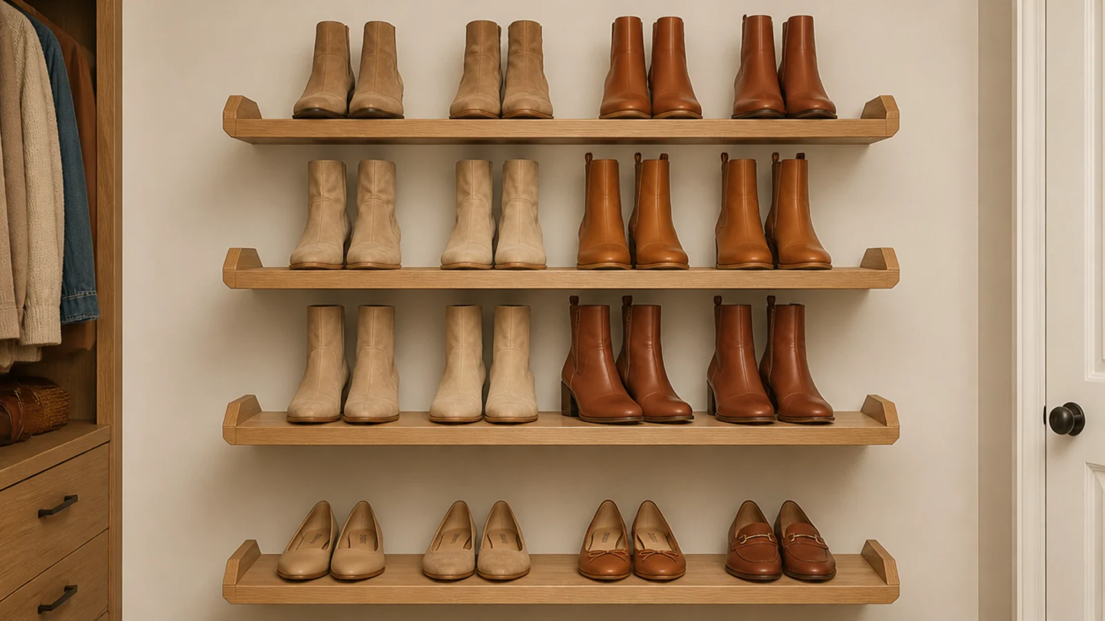 angled closet shoe shelves sorted from flats up to heeled boots