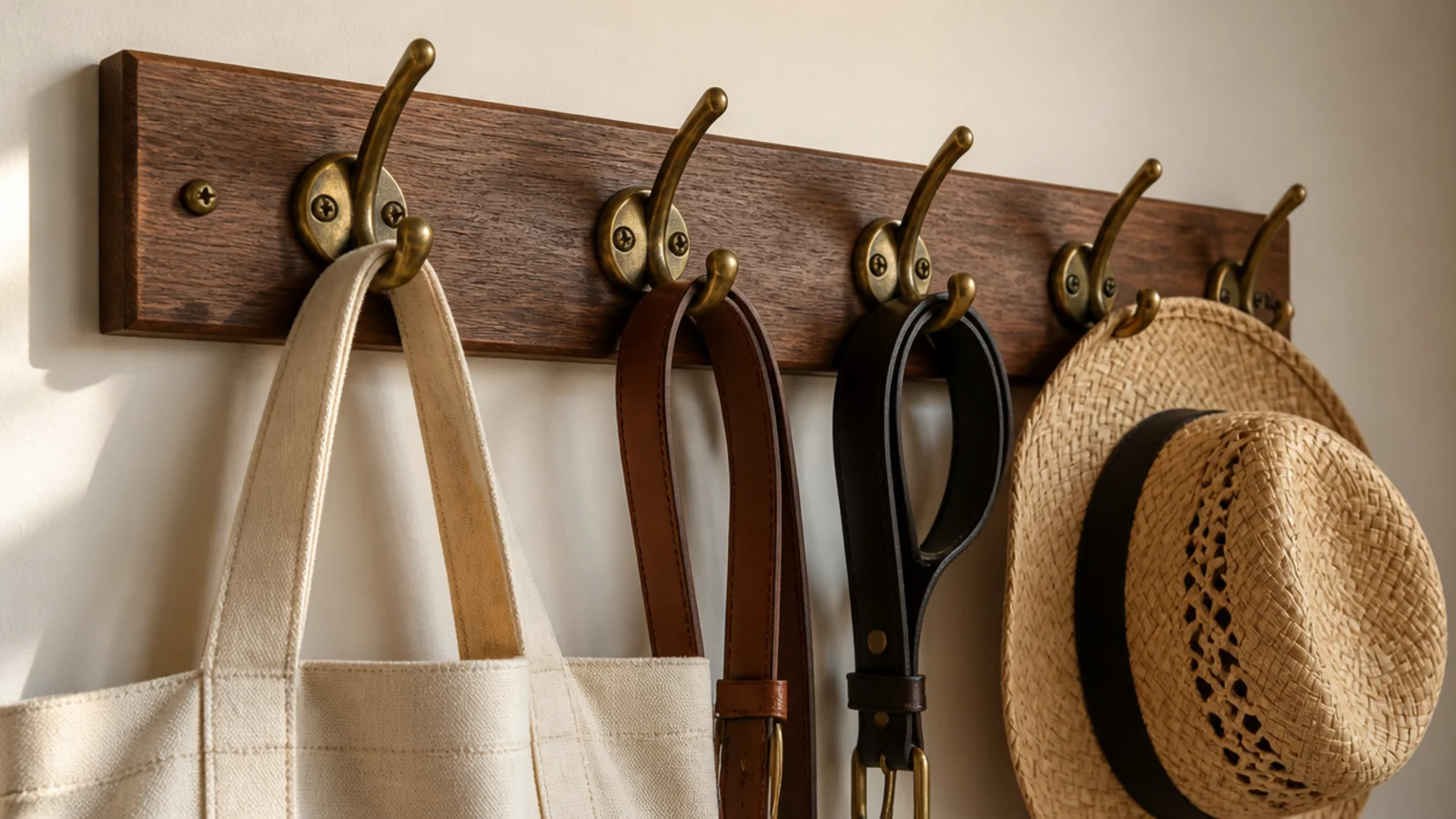 brass hooks holding tote bags belts and a straw hat in a closet