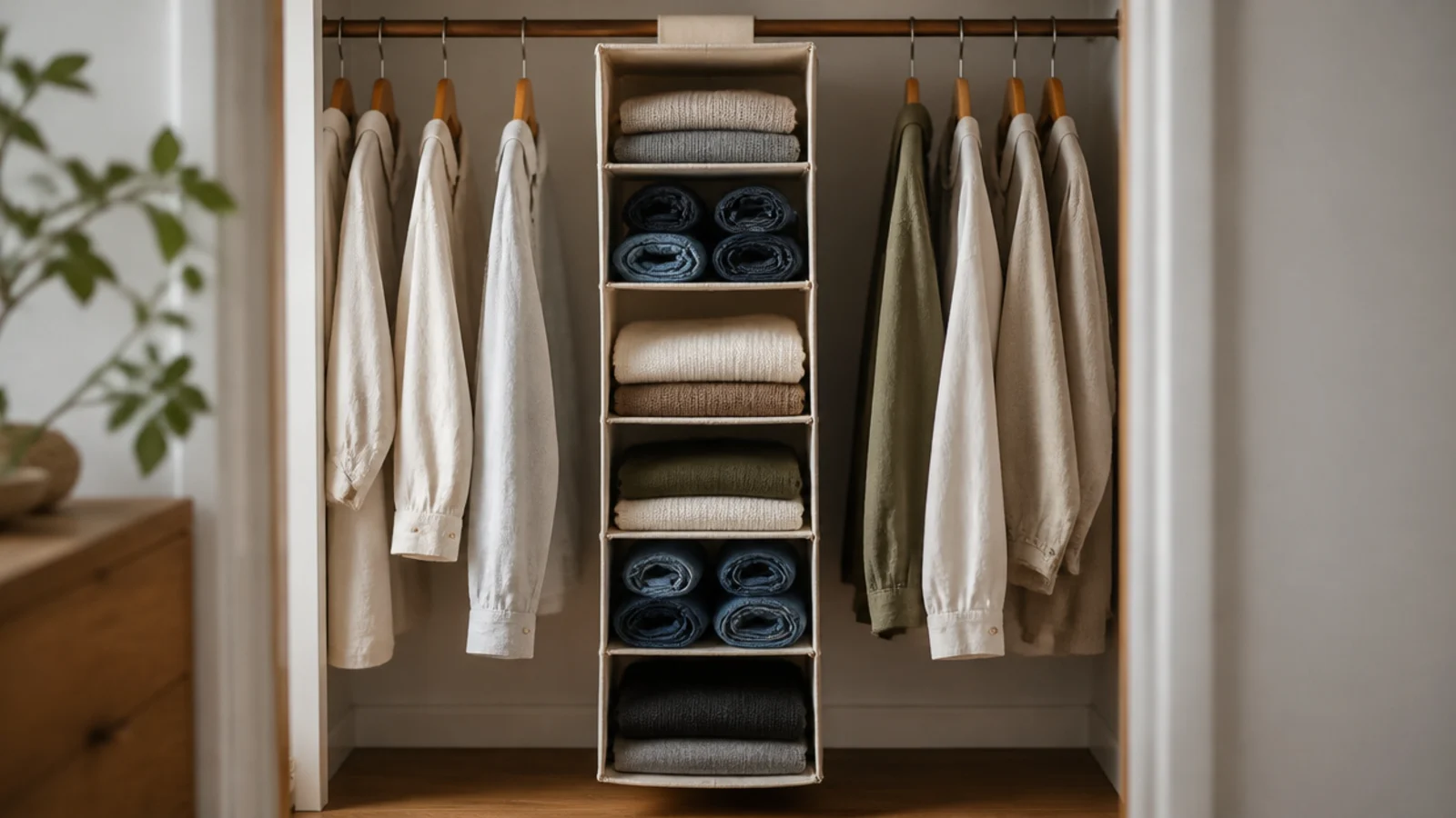 fabric hanging shelf tower on a closet rod holding folded knits