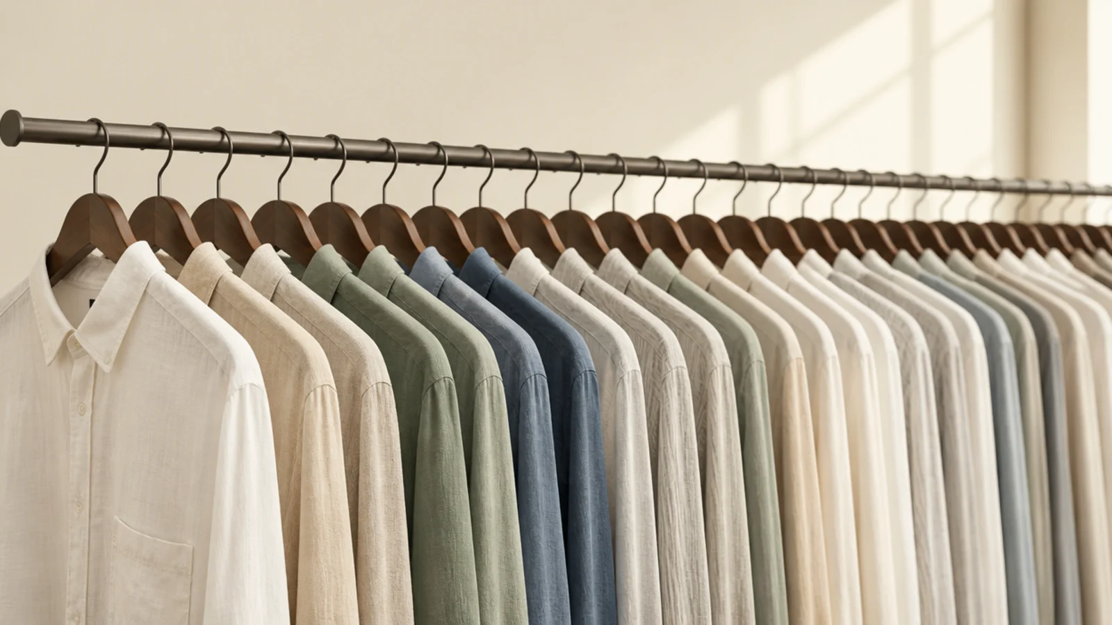 identical slim hangers spacing shirts evenly along a closet rail