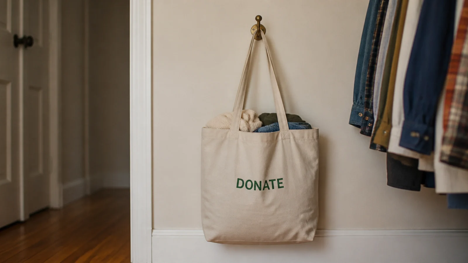 canvas donation bag hanging on a brass closet hook beside clothing