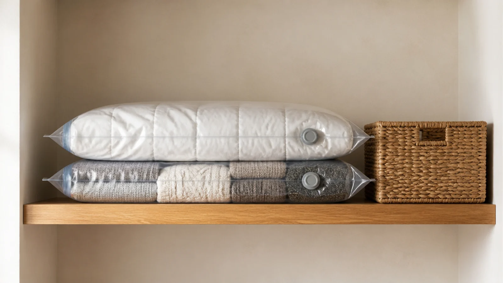 compressed vacuum bags of bedding stored on a high closet shelf