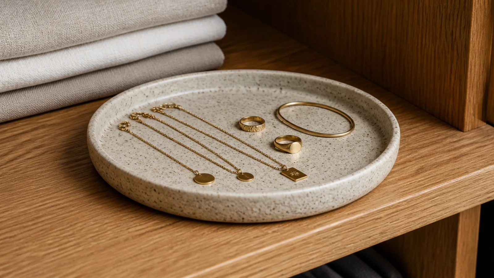 shallow stoneware tray of necklaces and rings on a closet shelf