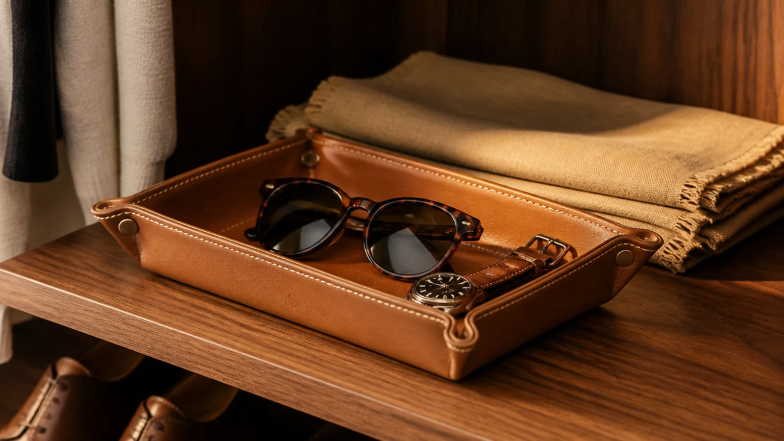 small leather tray holding sunglasses and a watch in a closet