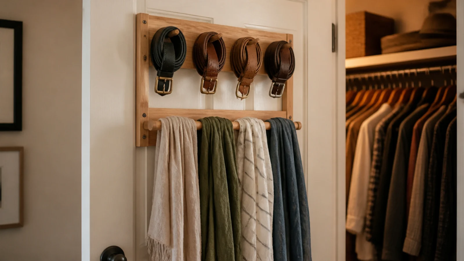 belt and scarf rack mounted on the back of a closet door