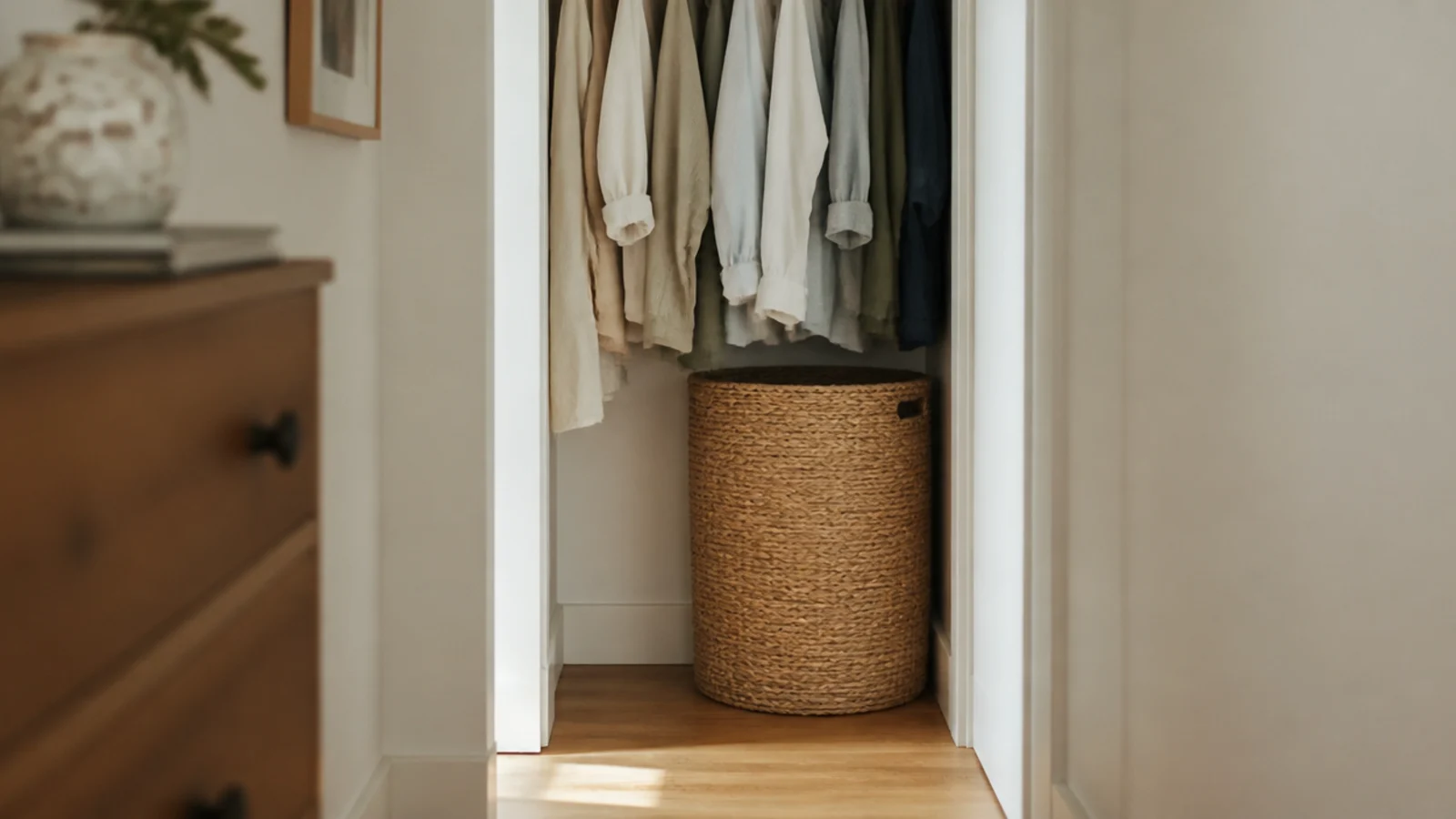 woven laundry basket tucked under a closet hanging bay on the floor