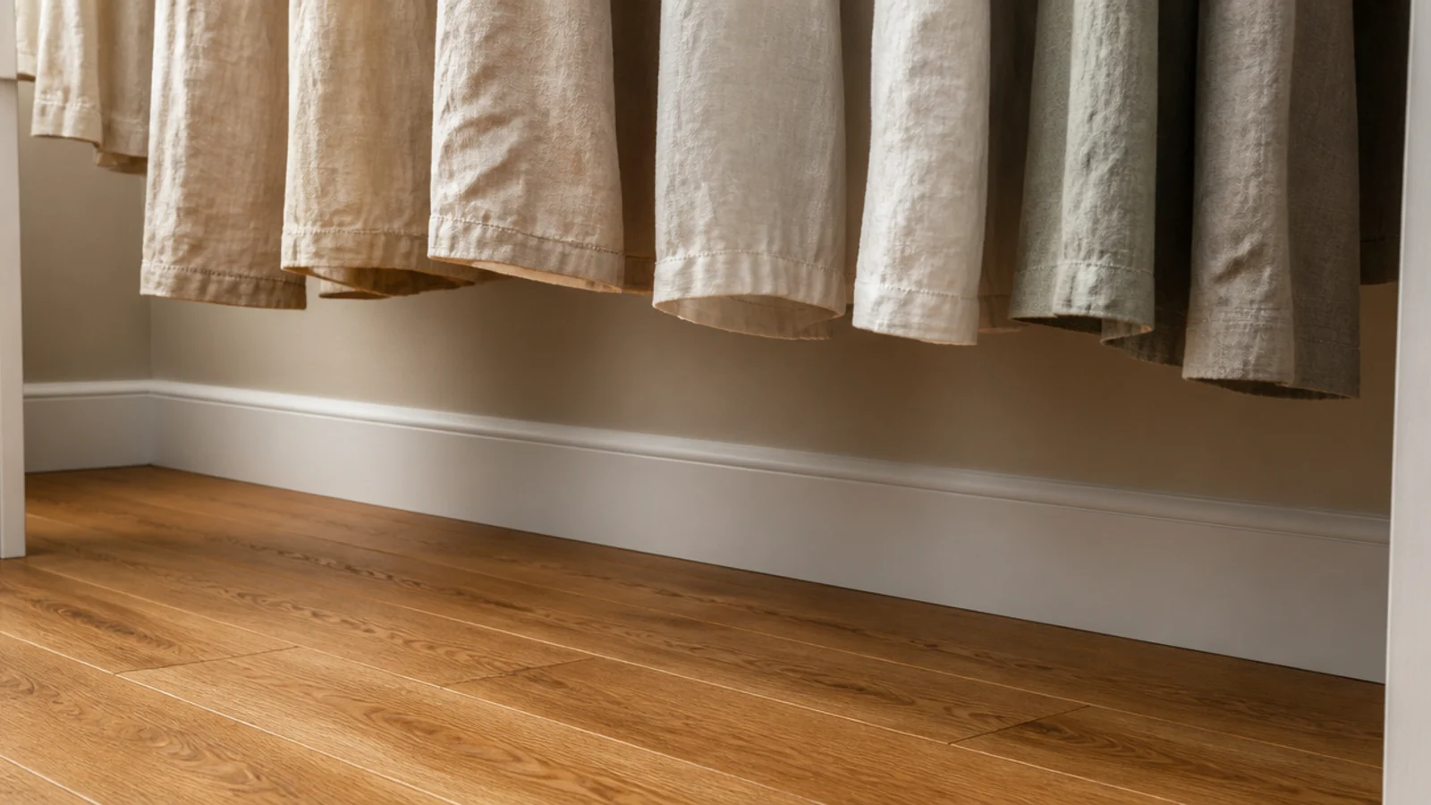 clear floor gap beneath hanging clothes in a small walk-in closet