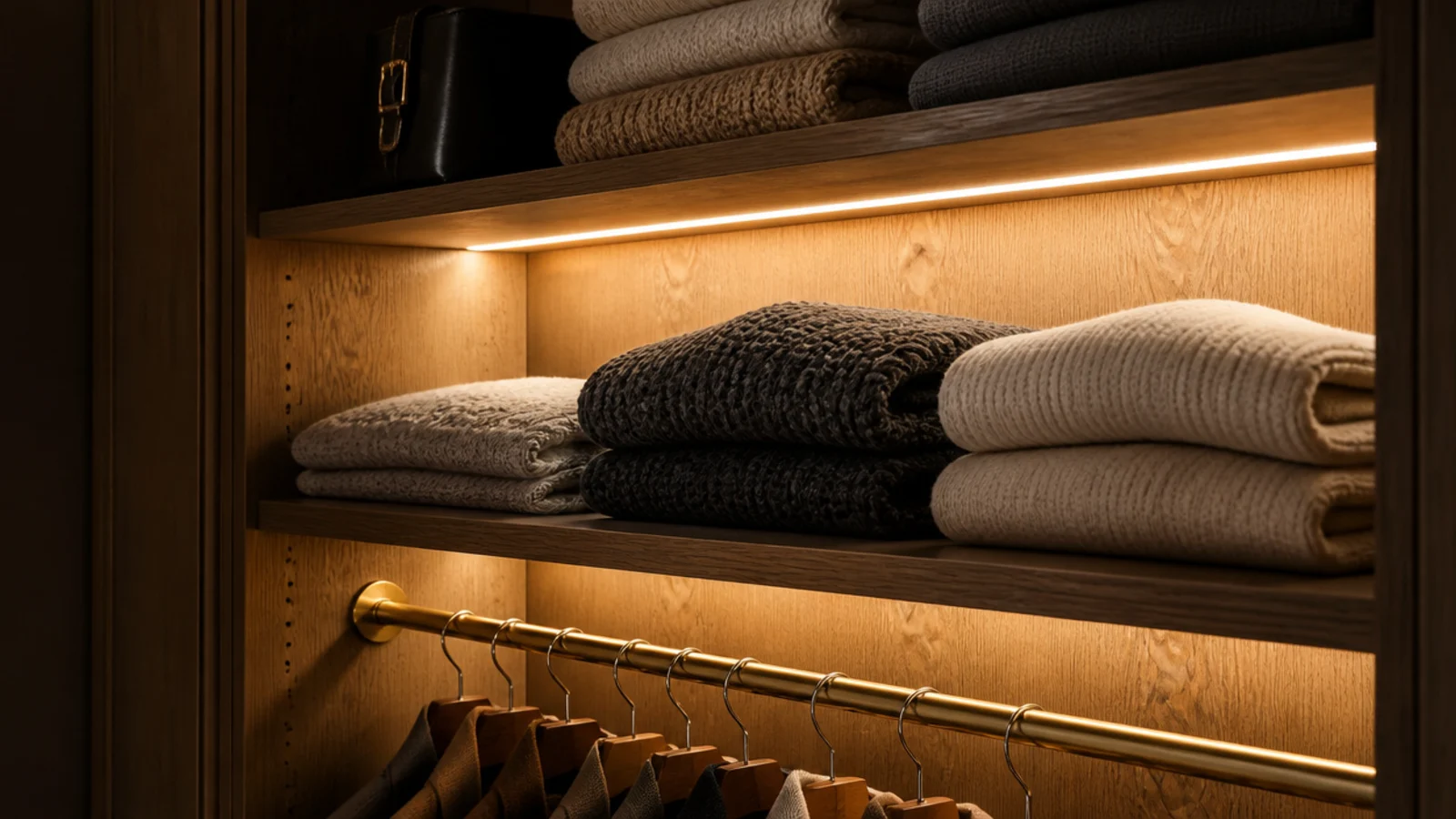 warm led strips lighting the back wall of a small closet shelf