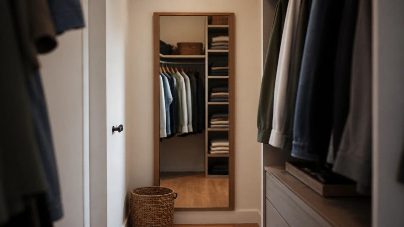 full length mirror inside a small closet reflecting shelves and clothes