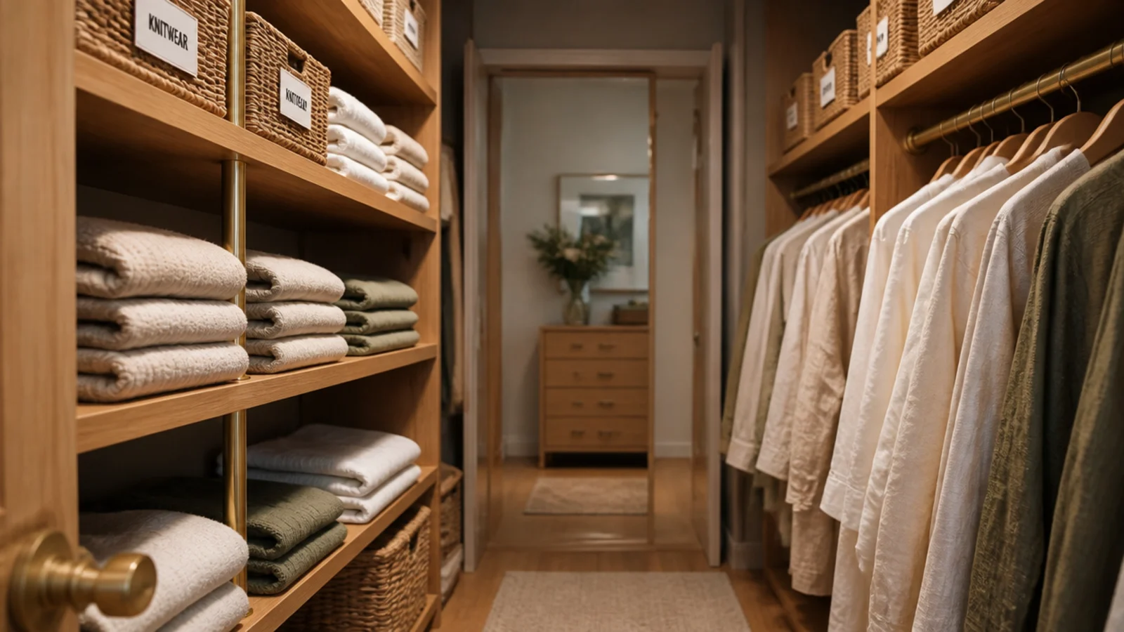 small walk-in closet organization with folded knits baskets and hanging shirts