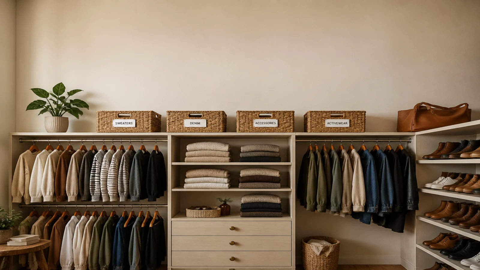 vertical view of a fully organized small walk-in closet with labeled baskets