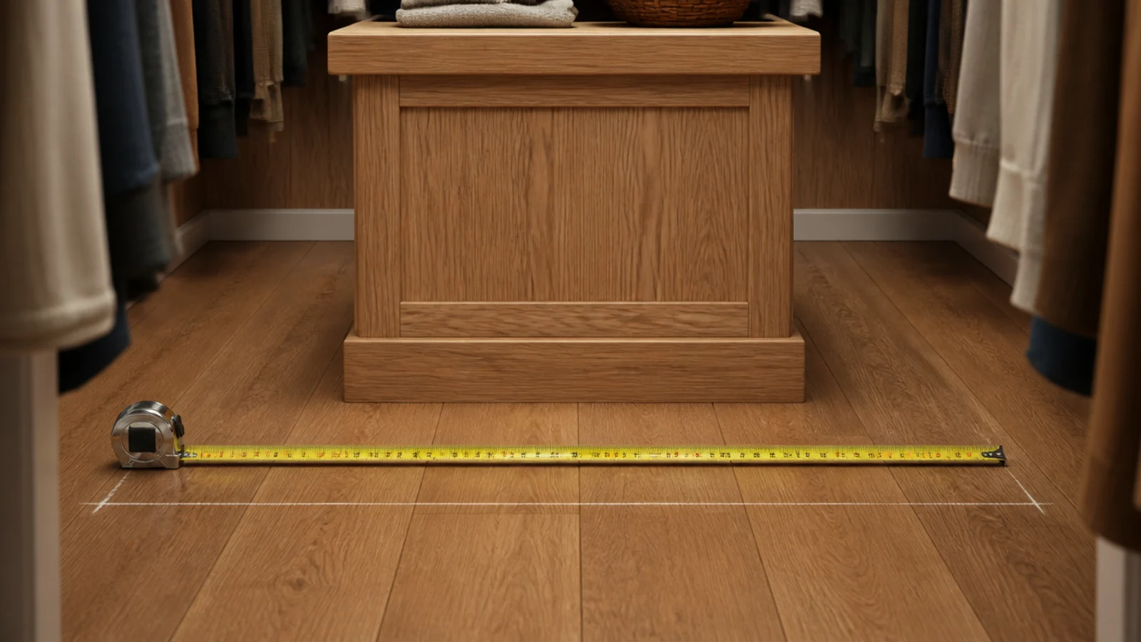 tape measure showing clearance around a compact closet island footprint