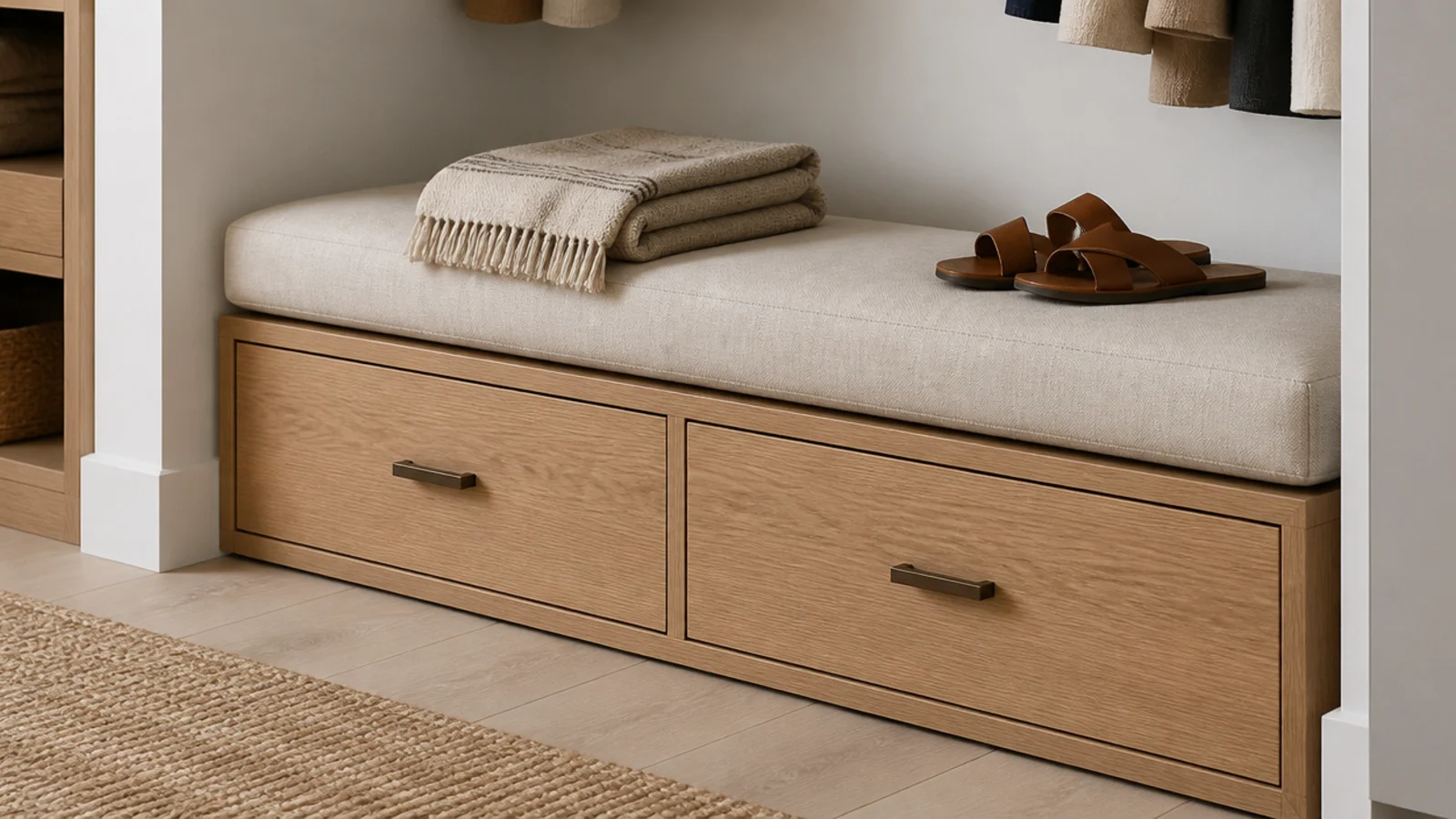 low upholstered bench island with drawers in a small walk-in closet