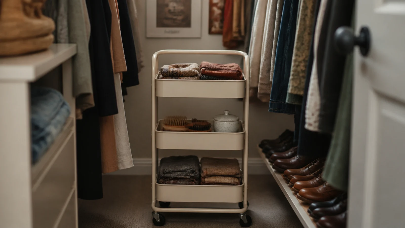 three tier rolling cart used as a movable island in a closet