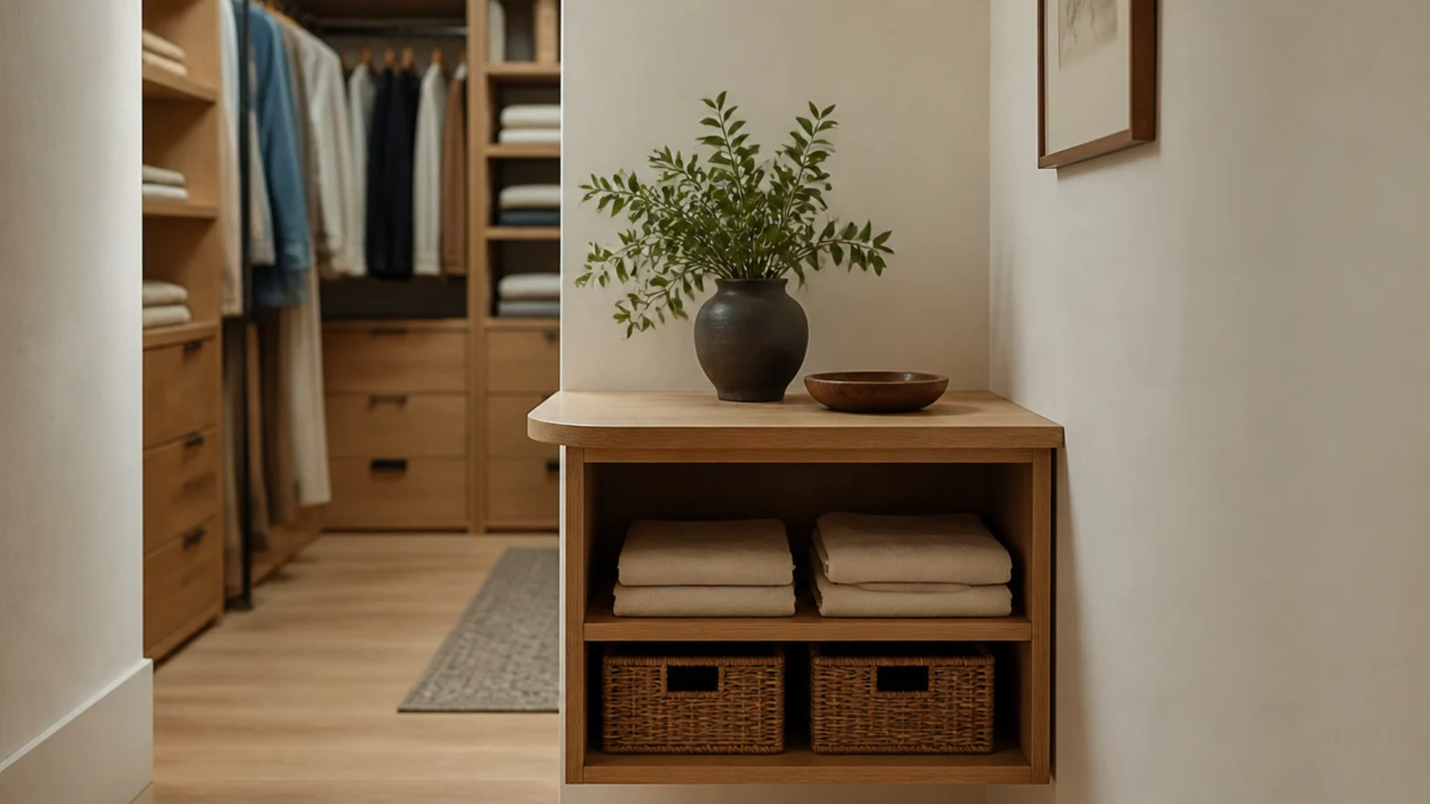 narrow peninsula counter projecting from the end wall of a closet