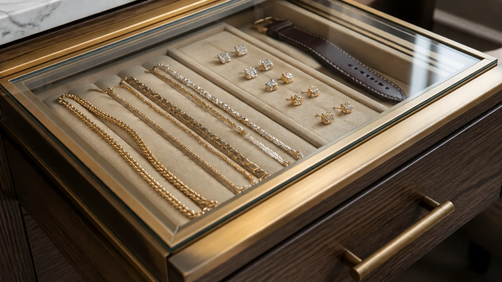 glass topped closet island displaying jewelry in a lined shallow drawer