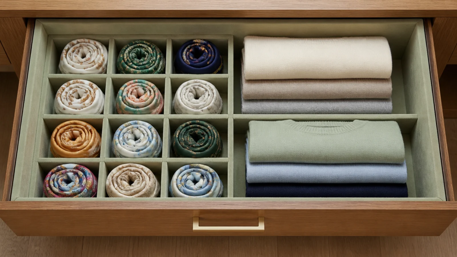 velvet lined island drawer holding folded knitwear in a small closet
