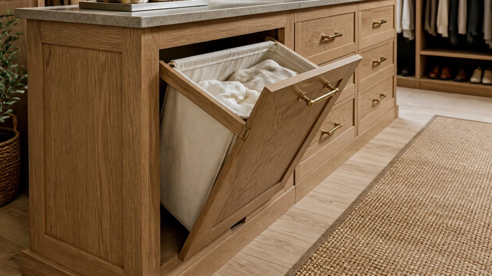 tilt out hamper built into the end of a small closet island
