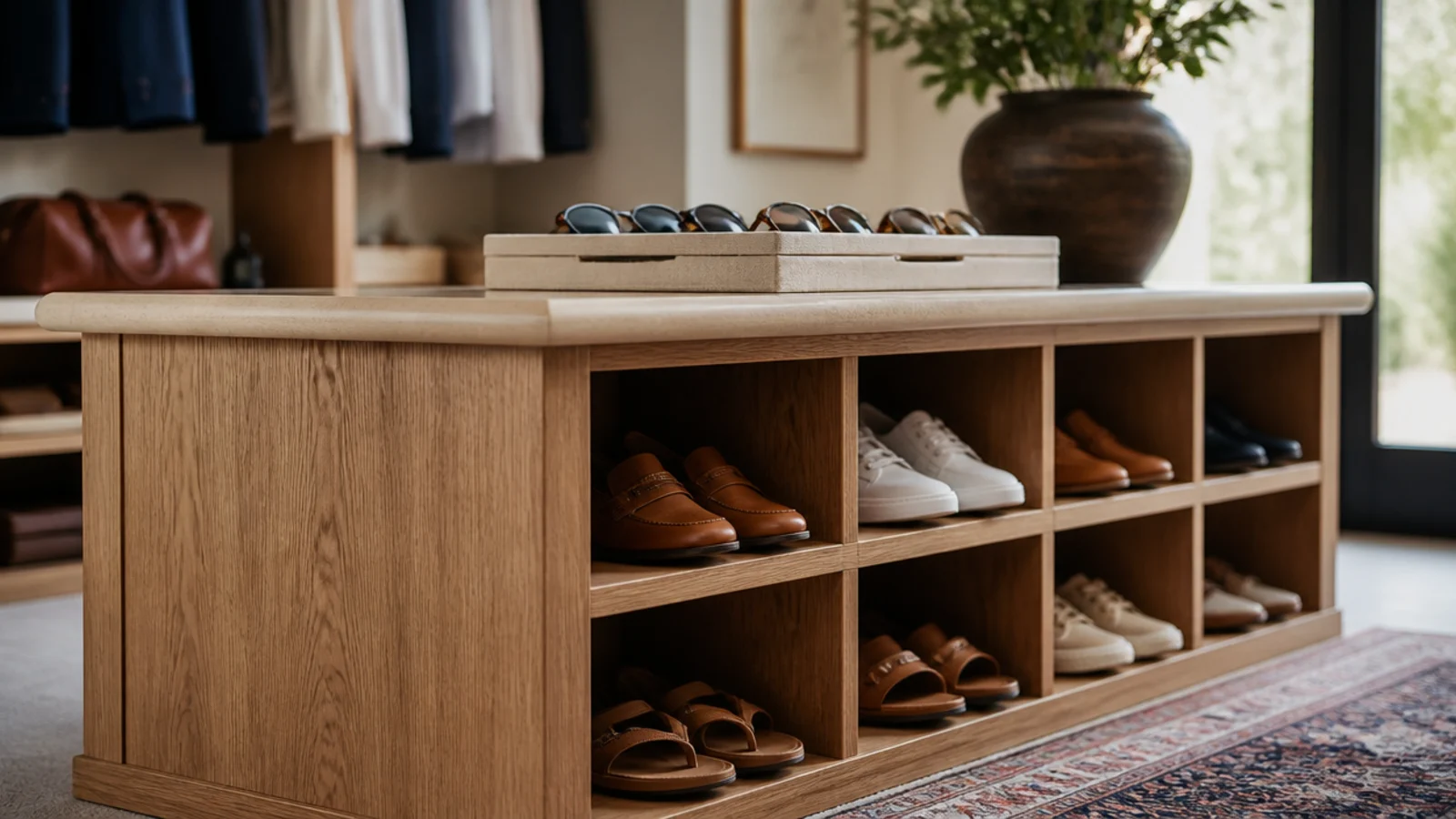 closet island with open cubbies holding shoes on both long sides