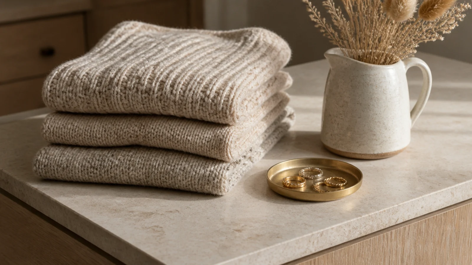pale stone island top in a small walk-in closet with folded linens