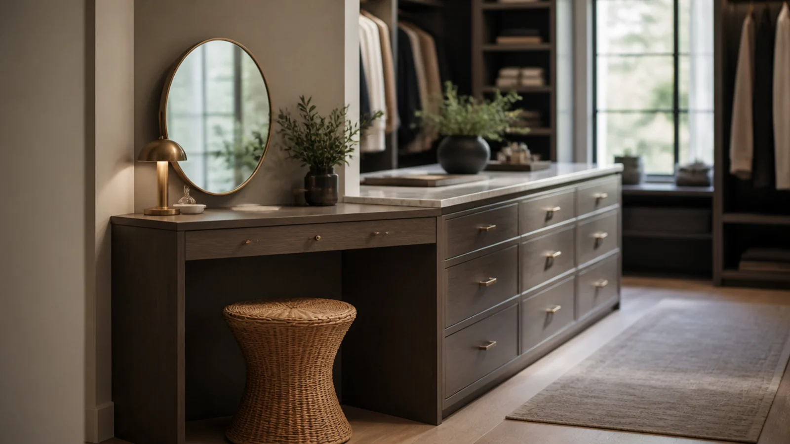 lower vanity end of a closet island with a stool tucked under