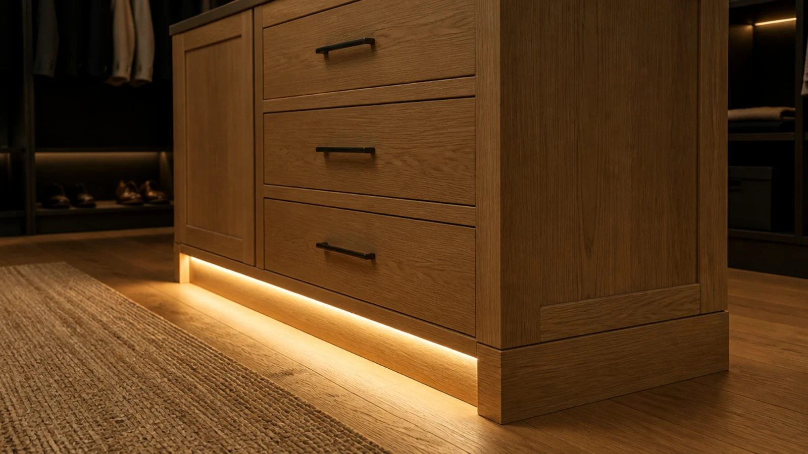 warm toe kick lighting glowing beneath a small closet island base