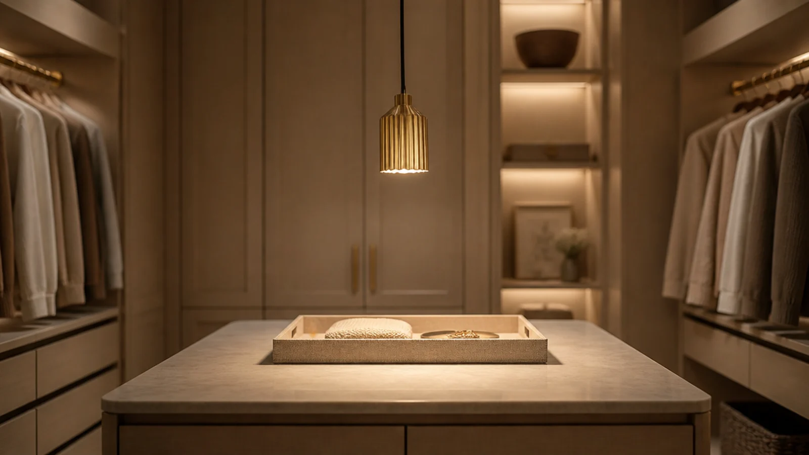 brass pendant hanging above a small walk-in closet island at 3000K