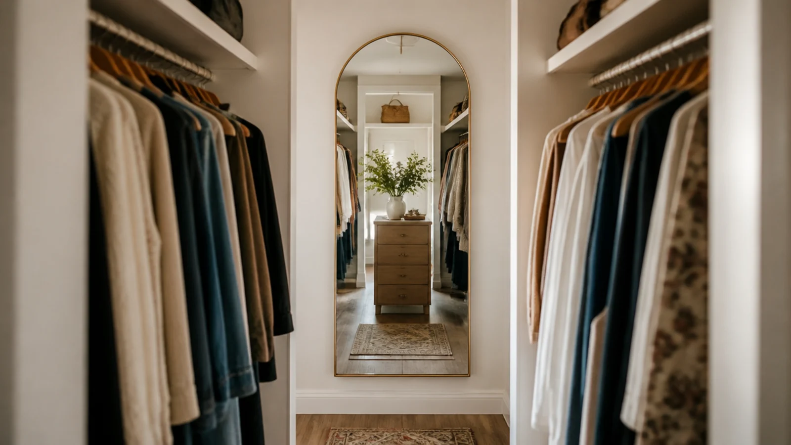 full length mirror at the end wall doubling a narrow closet walkway