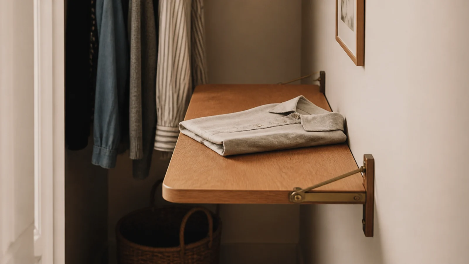 wall mounted drop down folding shelf in a narrow walk-in closet