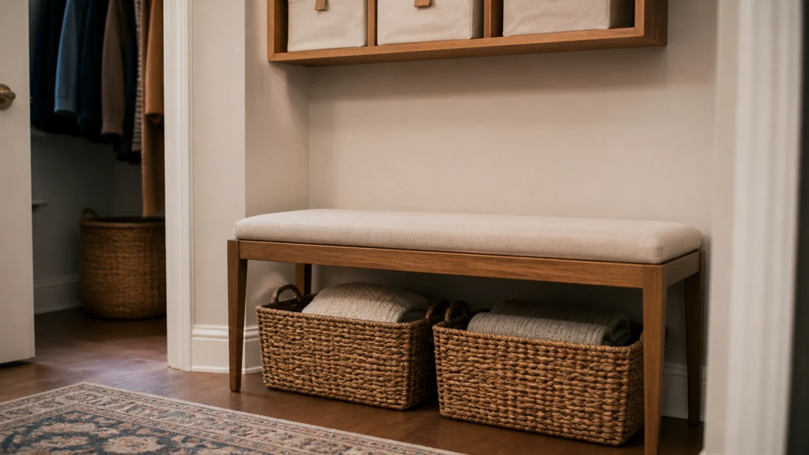 slim closet bench with two woven baskets stored underneath the seat