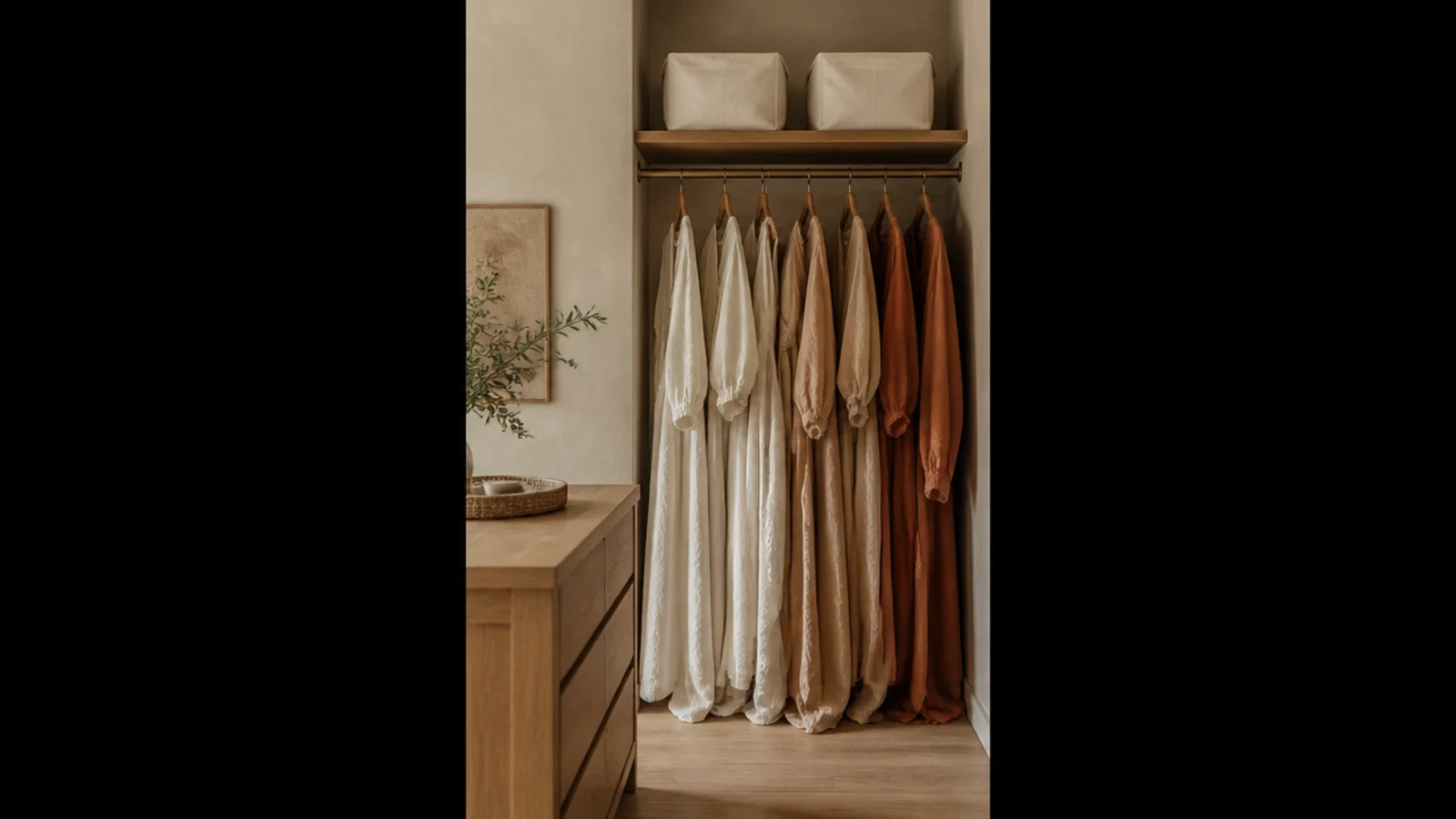 long hang bay of dresses beside a compact island in a closet