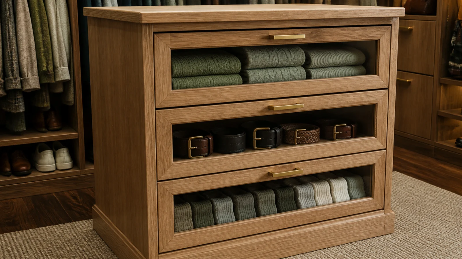 glass fronted island drawers showing folded knitwear in a small closet