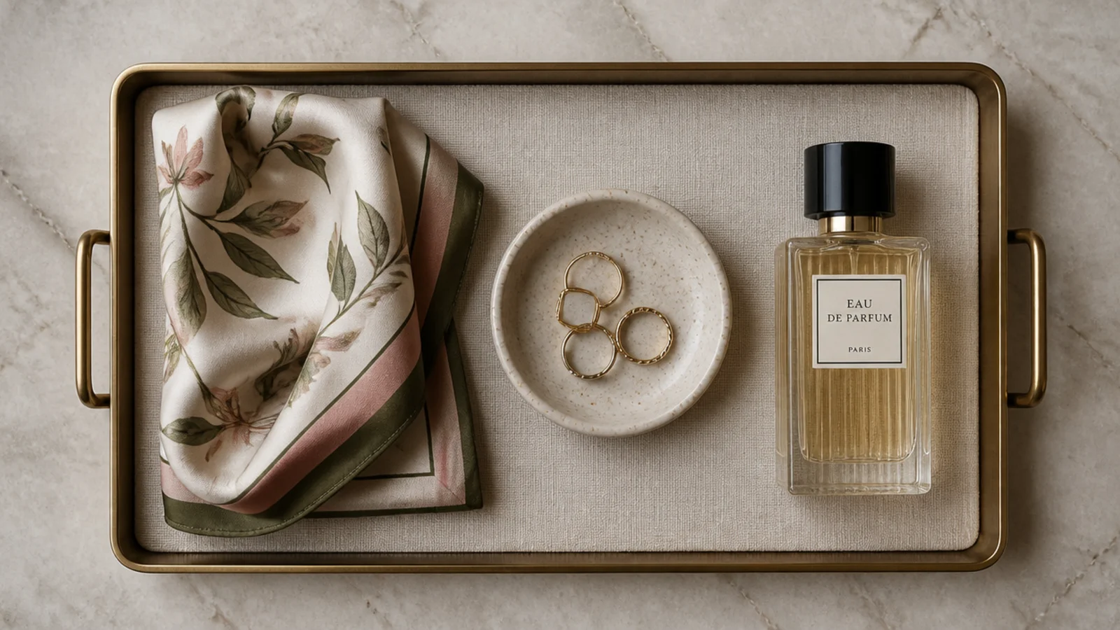 linen lined brass tray styled on top of a small closet island