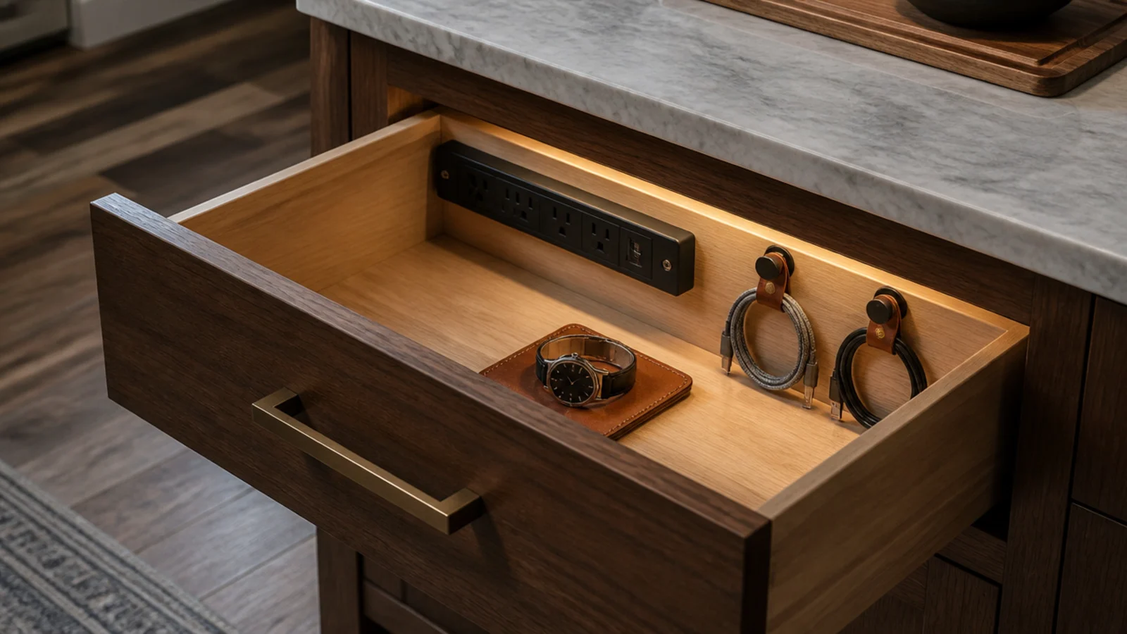 island drawer fitted with a charging strip and cables hidden inside