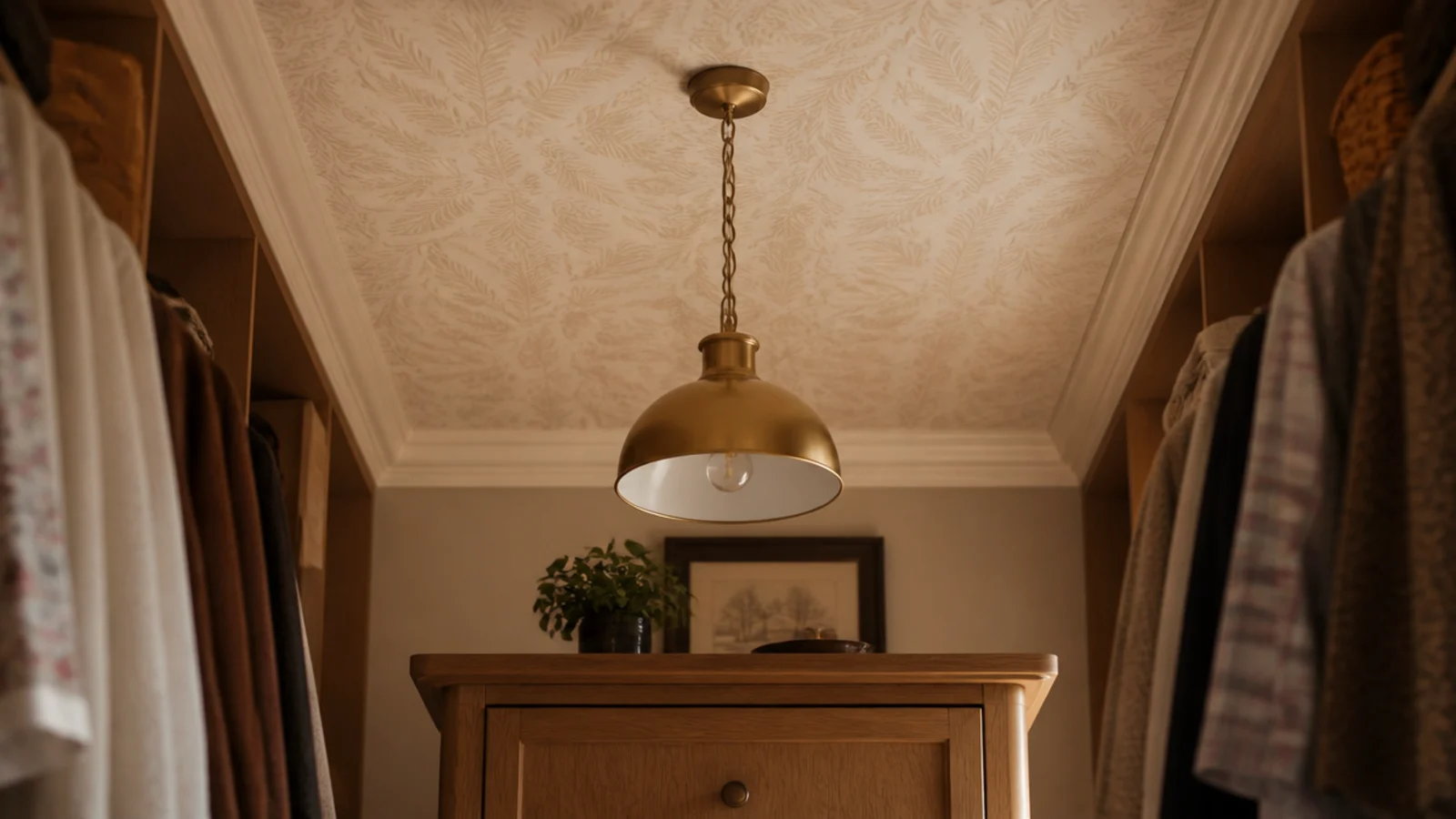 patterned ceiling above a closet island seen from the walkway below