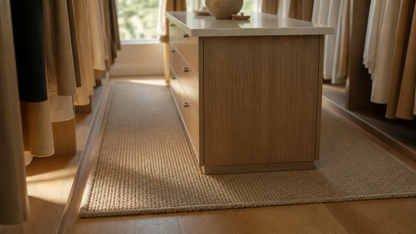 narrow wool runner wrapping the floor around a small closet island