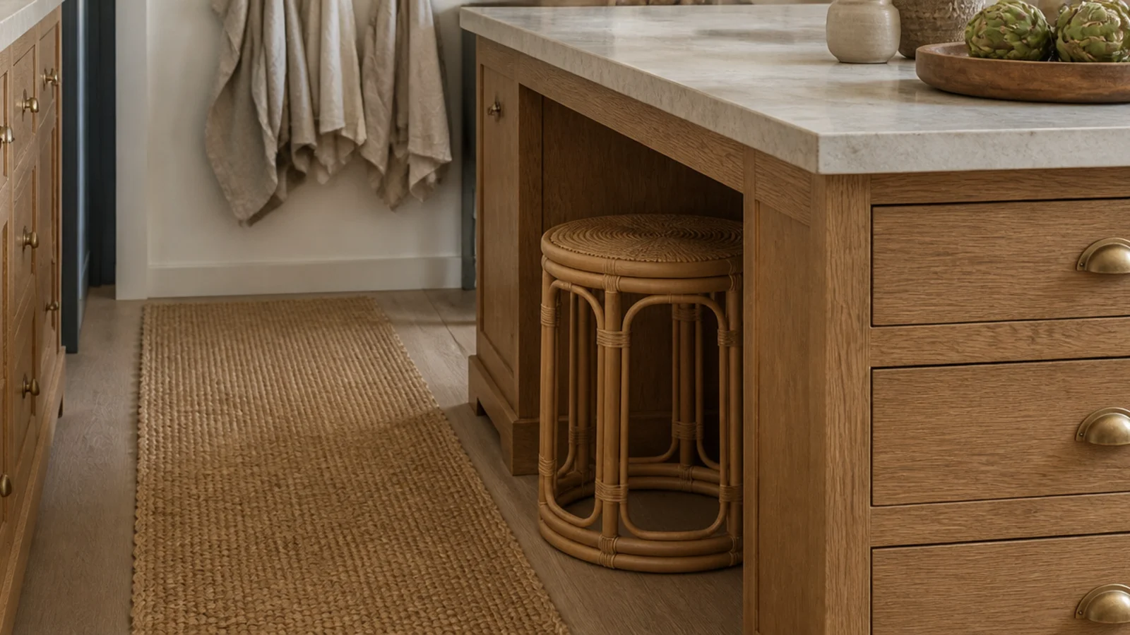 rattan stool tucked completely under a small closet island overhang