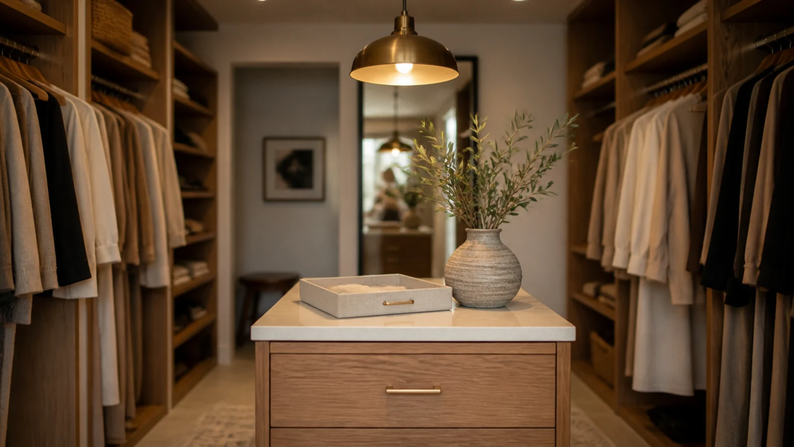 small walk-in closet with island in warm oak below soft warm lighting