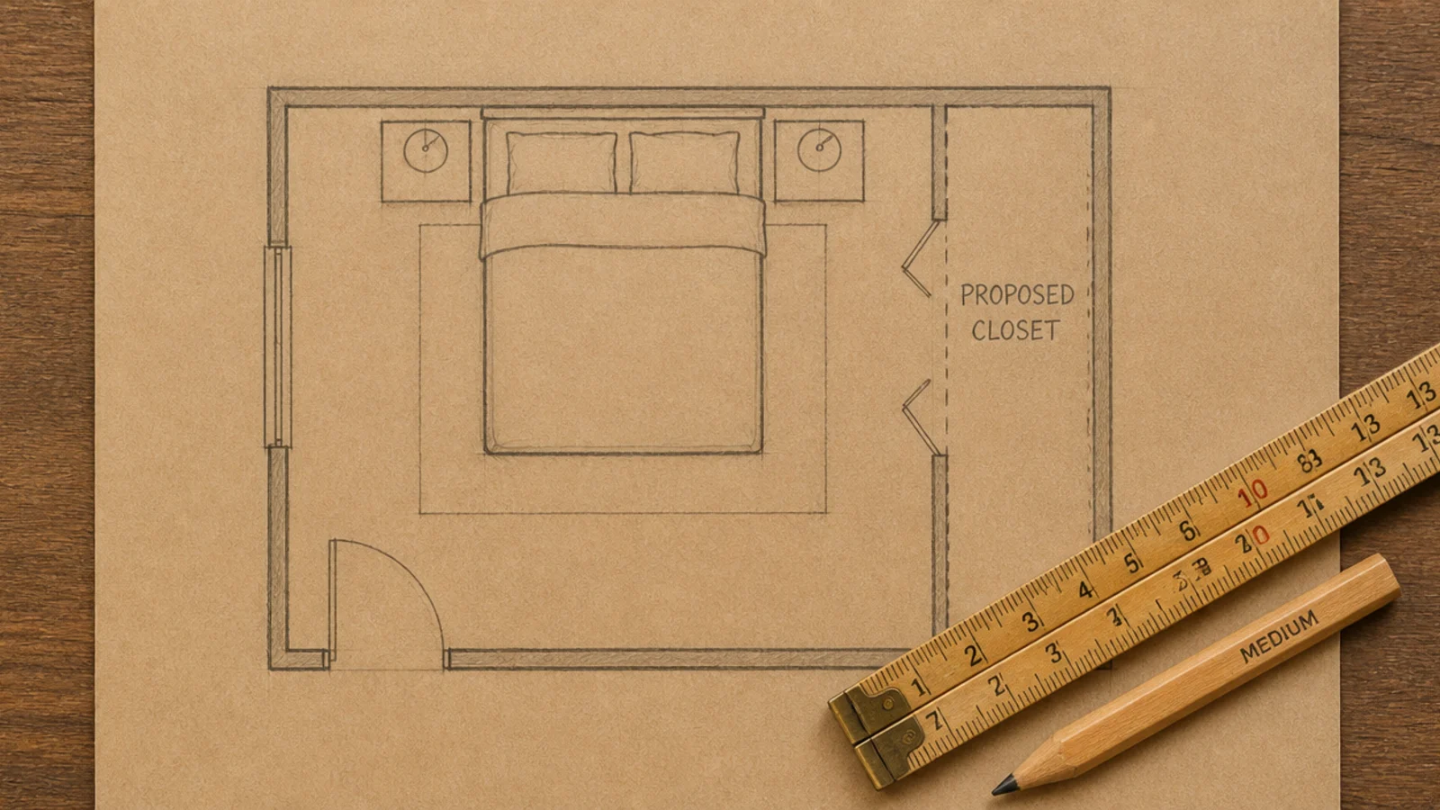 floor plan sketch of a small bedroom with a closet marked in pencil