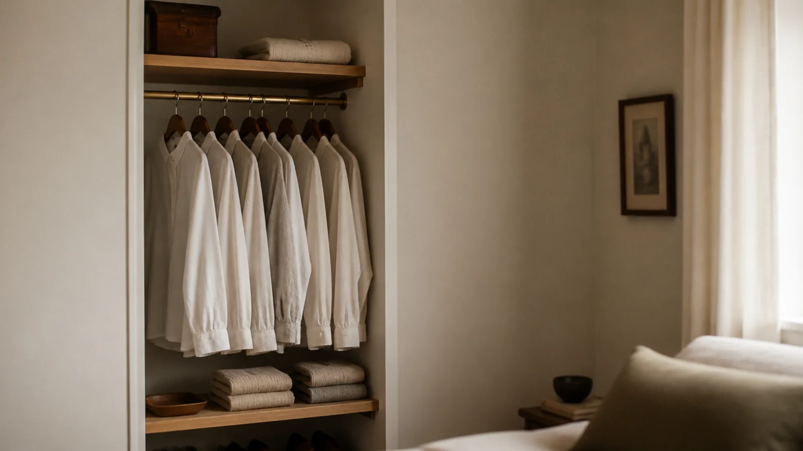 closet built into a bedroom alcove beside a window with hanging clothes