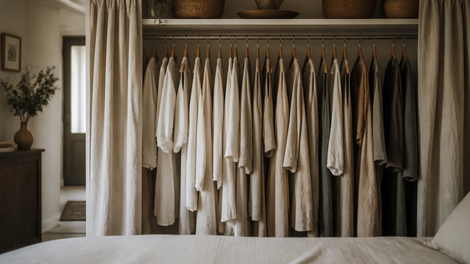 shallow closet built along the short wall of a small bedroom
