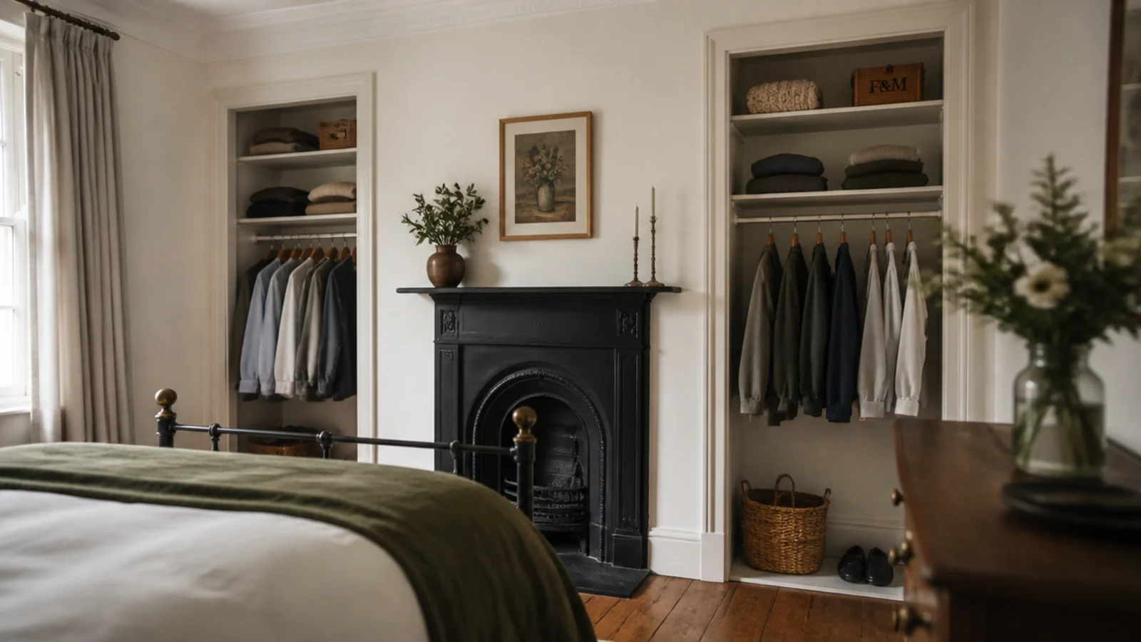 closet shelving and rods fitted into recesses beside a chimney breast