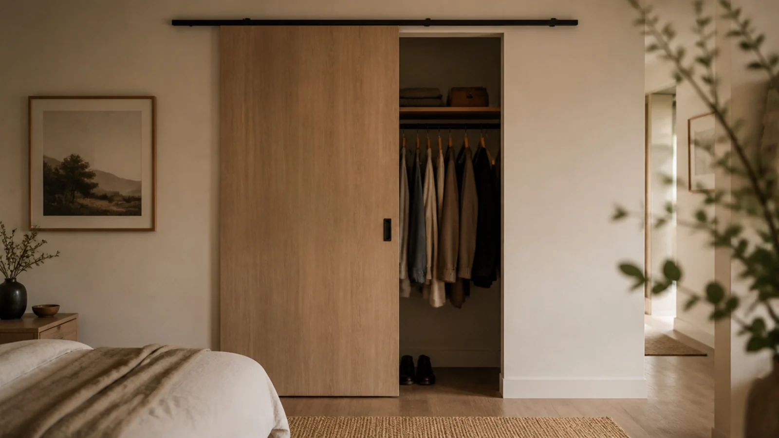 sliding wooden door closing a small bedroom closet opening