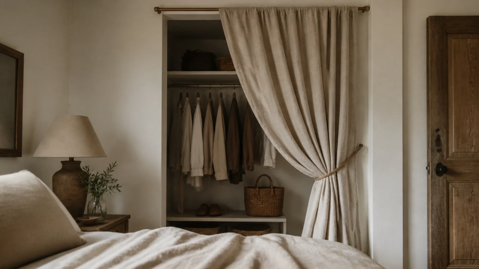 linen curtain closing a bedroom closet opening beside a made bed